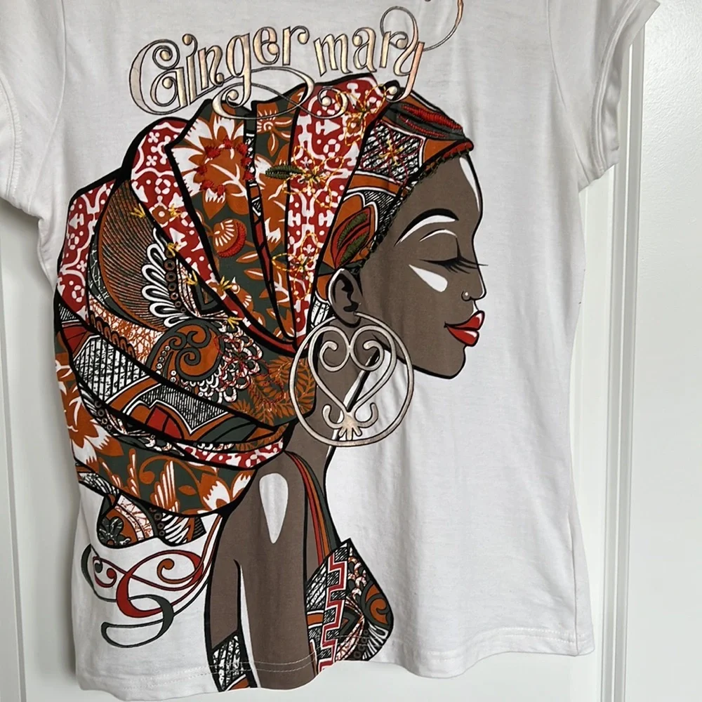 Ginger Mary African Print T-Shirt Women’s 8 / Medium White Brown Orange Stitches - Picture 3 of 9